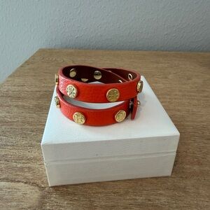Tory Burch Orange Double Wrap Leather Bracelet with Gold Coin Accents